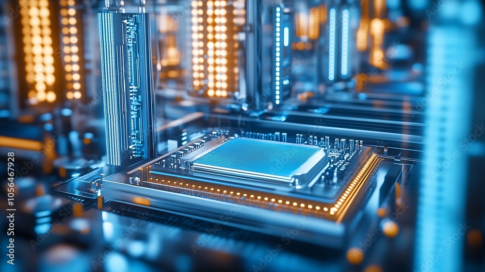 Aufkleber Advanced Processor on Circuit Board with Illuminated Electronic Components : Generative AI