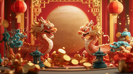 Obraz premium Chinese Zodiac style wallpaper, red background with gold decoration