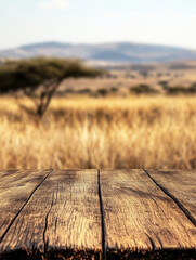 A wooden table in the foreground with a blurred landscape of dry grass and distant hills.