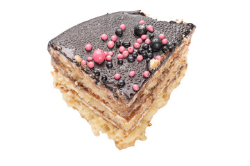 Delicious Chocolate Layer Cake Slice with Pink and Black Sprinkles on Black Background. Transparent...