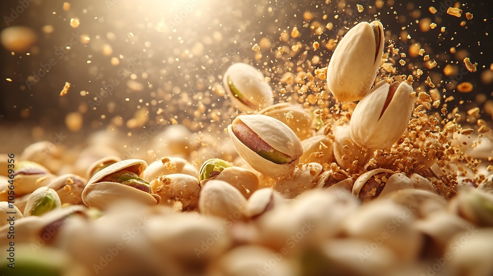 Aufkleber Dynamic Explosion of Pistachios with Chopped Nuts in Backlit Glow : Generative AI