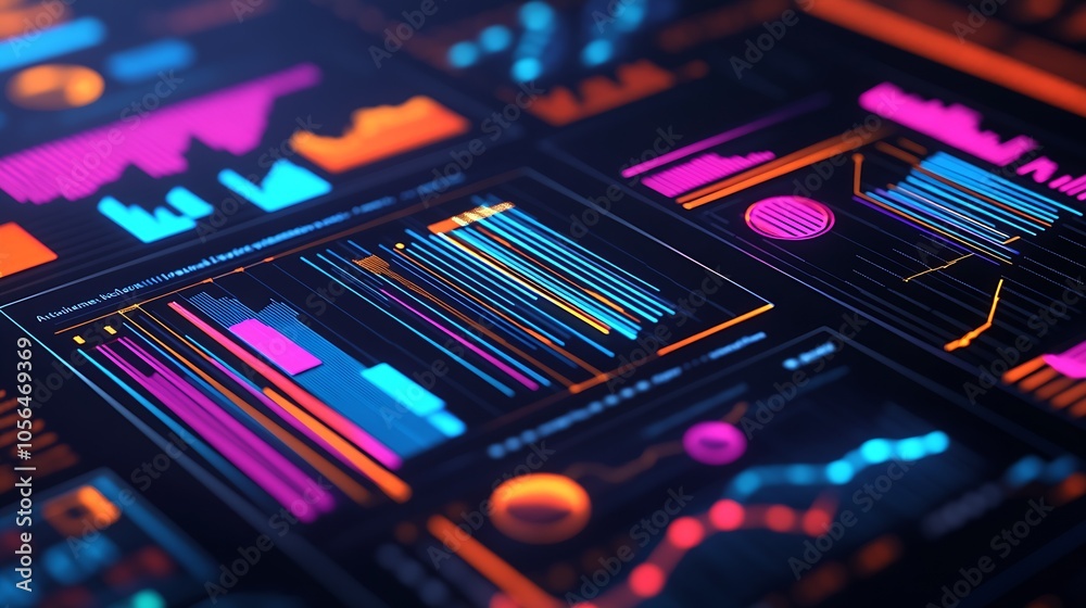 Fototapete Futuristic Digital Interface with Vibrant Graphs and Statistical Analysis : Generative AI