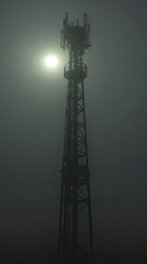 Silhouette of a communication tower against a hazy sunset backdrop