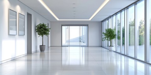Fototapeta premium Spacious office lobby featuring large windows, natural light, and minimalist decor with potted plants and sleek design elements.