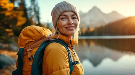 Female Adventurer Delighting in Nature with Backpack by the Lake at Sunrise : Generative AI