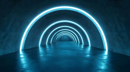 Blue Neon Lights in a Concrete Tunnel 3D Illustration