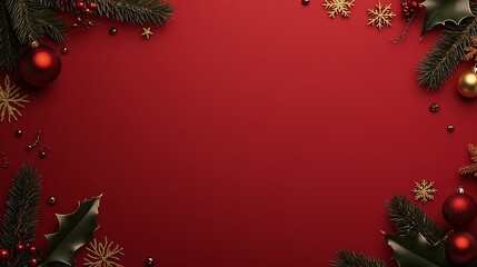 Festive Christmas Red Background with Pine Branches Holly Leaves and Shimmering Ornaments Frame : Generative AI