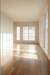 Fototapeta premium A spacious, sunlit empty room featuring large windows and beautiful hardwood floors, perfect for interior design inspiration.