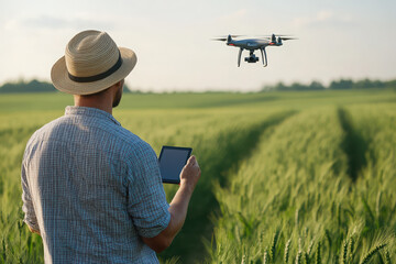 A person controls a drone over a green field, showcasing agricultural technology use.