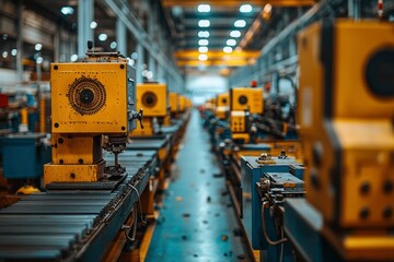 Fototapeta premium Row of Yellow Industrial Machinery in Factory Setting