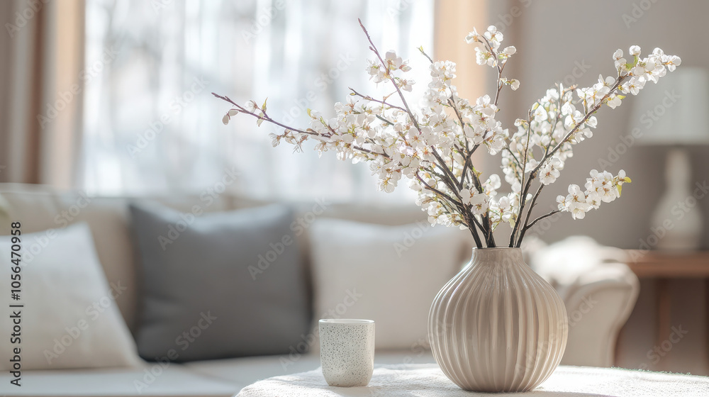 Poster A serene living room scene featuring a vase of flowers and a cozy sofa.