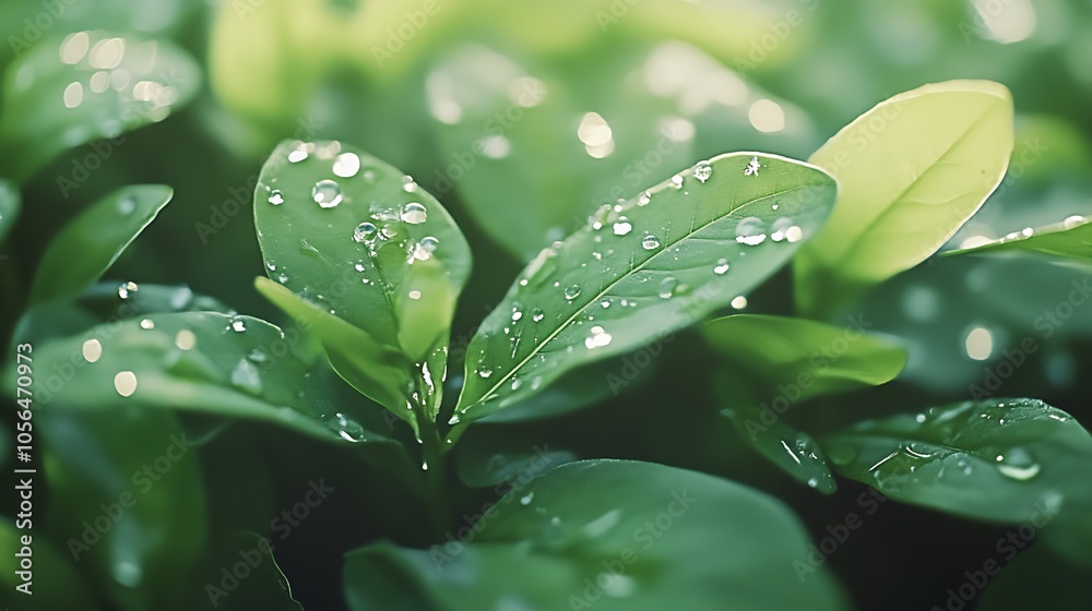 Aufkleber vibrant leaves with raindrops illuminated by soft light : generative ai