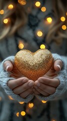 The glow of love with a sparkling golden heart in hands