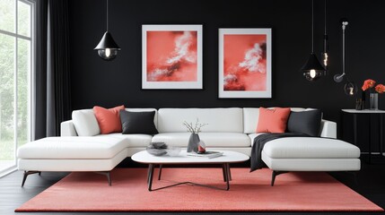Fototapeta premium A contemporary living room with black walls, white furniture, and coral accents in the form of throw pillows and artwork