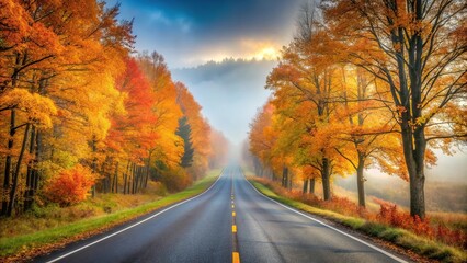 Obraz premium A scenic view of a deserted autumn road lined with trees and a distant misty sky, autumn, overgrown vegetation, forest