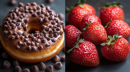 Chocolate Glazed Donuts with Fresh Strawberries and Chocolate Chips on a Dark Rustic Background