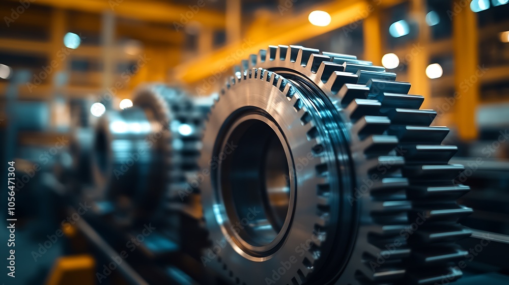 Poster close-up of large gear with teeth in industrial workshop with metalworking focus : generative ai