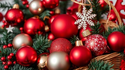 Fototapeta premium Red Christmas balls nestled in a woven basket, adding a festive touch to holiday decorations, merry, ornaments