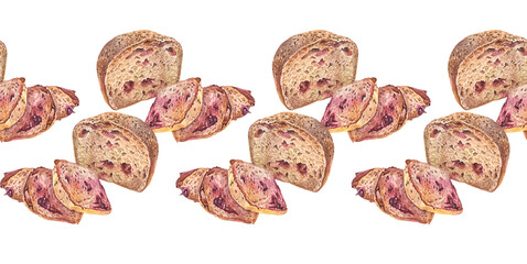 Seamless rim with watercolor loaf of fresh crispy homemade bread with red berries on white background. Whole grain bun for healthy breakfast. Border with food for cookbook. Wallpaper or wrapping