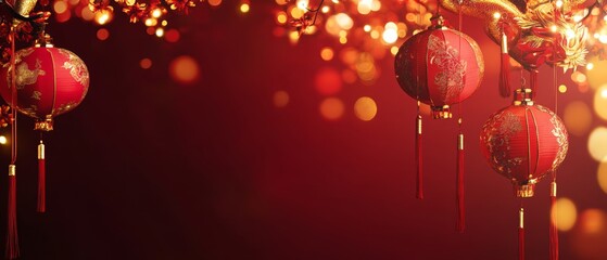 Create a vibrant copy space background for Chinese New Year, adorned with traditional motifs such as lanterns, dragons, and floral patterns, infused with rich red and gold colors to evoke a festive 
