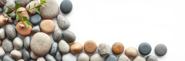 Smooth pebbles in various shapes and sizes arranged neatly on bright white background, copy space, natural