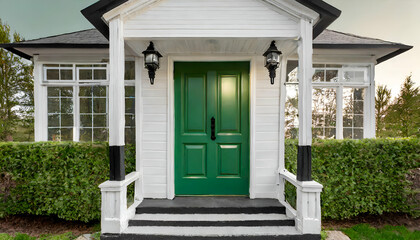 door of a house.Beautiful green door of a white modern farmhouse, framed by black light fixtures and a covered porch with simple white pillars, isolated on a transparent background.