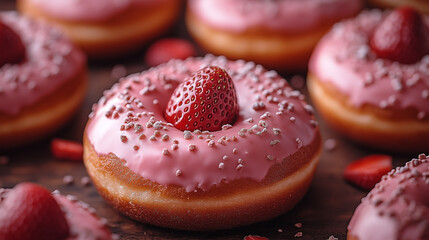 Strawberry Frosted Donuts with Pink Icing and Fresh Strawberries for a Sweet Indulgence