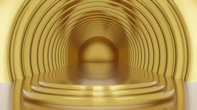 Round gold metal podium with gold circle background and thin round gold border on top. The perfect platform to showcase your products. 3D animation looping background