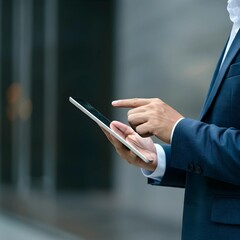 Close-up of a businessman using a tablet for data analysis on-the-go, with a blurred urban backdrop