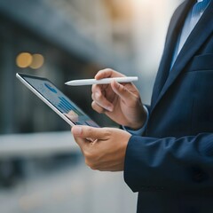 Close-up view of a businessman&rsquo;s intense focus on a tablet screen for data analysis, with a muted cityscape behind