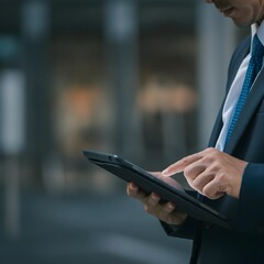 Professional businessman analyzing data on a tablet while commuting, emphasizing AI technology and mobility