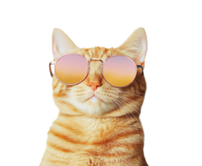 High-Quality PNG Closeup portrait of funny ginger cat wearing sunglasses isolated White Background – High Resolution