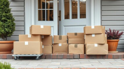 Two closed cardboard boxes of different sizes placed on the doorstep of a house, representing home delivery and logistics mockup, shipping, shipment