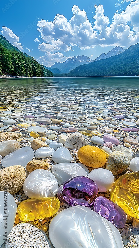 Poster picturesque lakeshore with multicolored pebbles and mountain view : generative ai