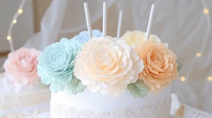 A beautifully decorated cake adorned with pastel-colored flowers and decorative candles.