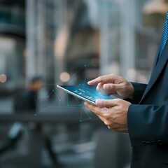 Urban mobility: businessman using AI technology on a tablet for quick data analysis in a city environment