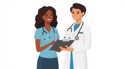 Fototapeta premium Two healthcare professionals discussing patient information with a clipboard.