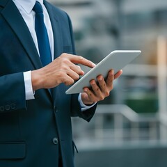 Dynamic close-up of a businessman immersed in data analysis on a tablet, with a blurred city background