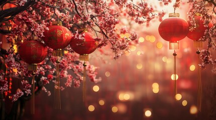 Obraz premium Create a vibrant copy space background for Chinese New Year, adorned with traditional symbols such as lanterns and cherry blossoms, in rich red and gold hues that evoke joy and prosperity