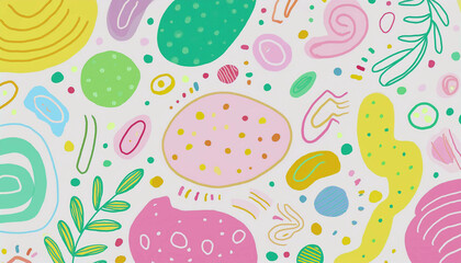 Whimsical pastel shapes dance on a bright background.