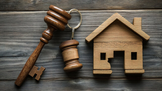 Exploring the division of property in divorce symbolized by a split house keychain and judge&rsquo;s gavel