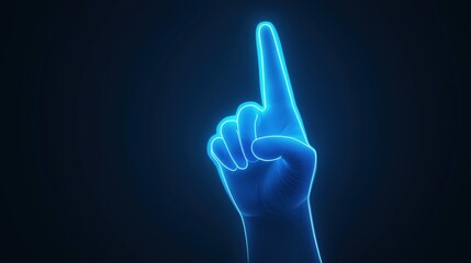 Glowing blue neon hand gesture pointing upwards on a dark background.