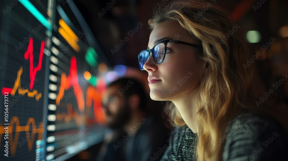 Poster a young woman in glasses looks intently at a screen displaying graphs and charts, likely analyzing f