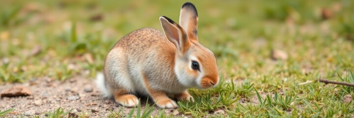 Fototapeta premium Young native bunny happily grazing on lush green lawn, adorable, healthy