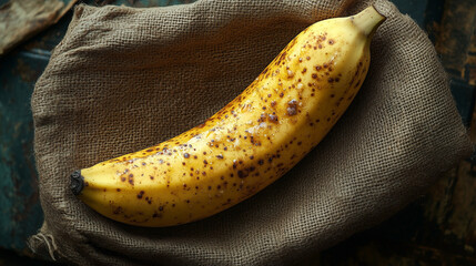 Perfectly Ripe Spotted Banana on a Rustic Burlap Fabric for Baking or Snacking