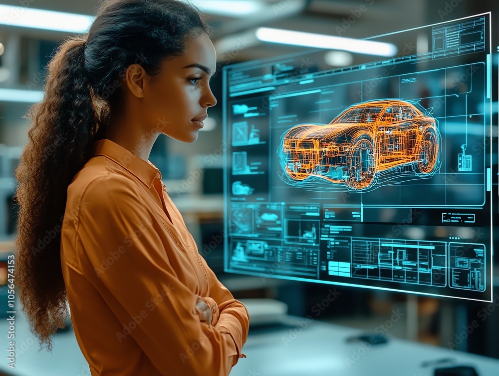 Poster A young woman in a professional setting stands looking at a large screen displaying a 3D render of a car.
