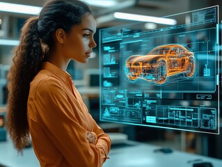 A young woman in a professional setting stands looking at a large screen displaying a 3D render of a car.