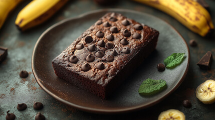 Chocolate Banana Brownie with Chocolate Chips and Fresh Mint Leaves 