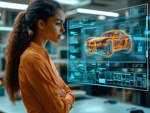 A young woman in a professional setting stands looking at a large screen displaying a 3D render of a car. - Powered by Adobe