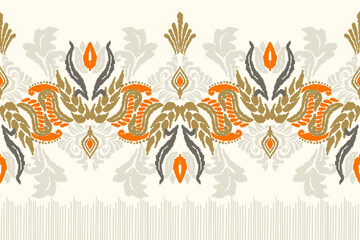 Embroidered Ikat flower pattern on white background. Traditional ethnic ikat, Aztec abstract vector pattern, seamless pattern in tribal, folk embroidery and Mexican style.